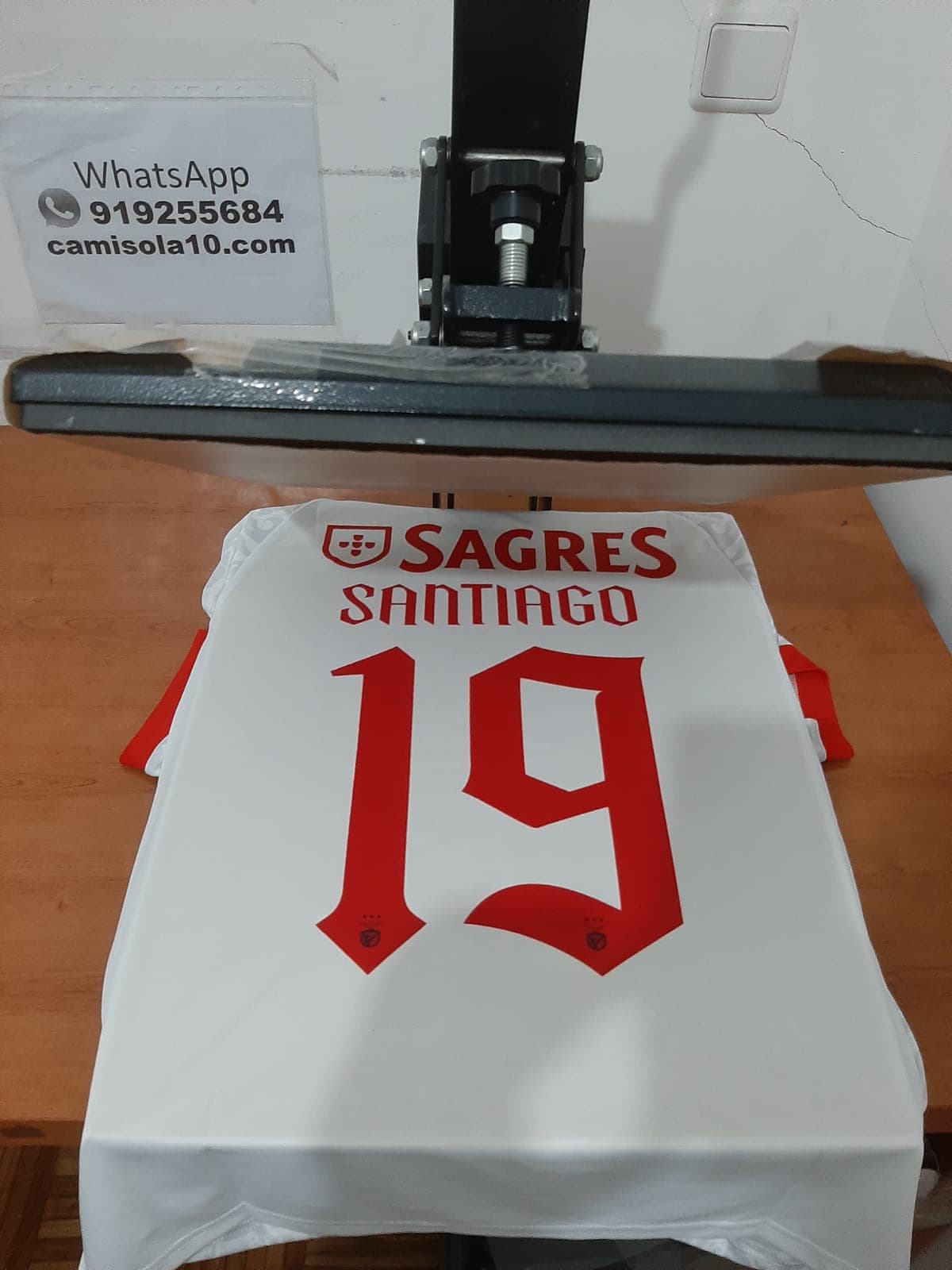 Costas da camisola alternativa do SL Benfica 26/27 personalizada com o nome Santiago e o número 19 em vermelho.