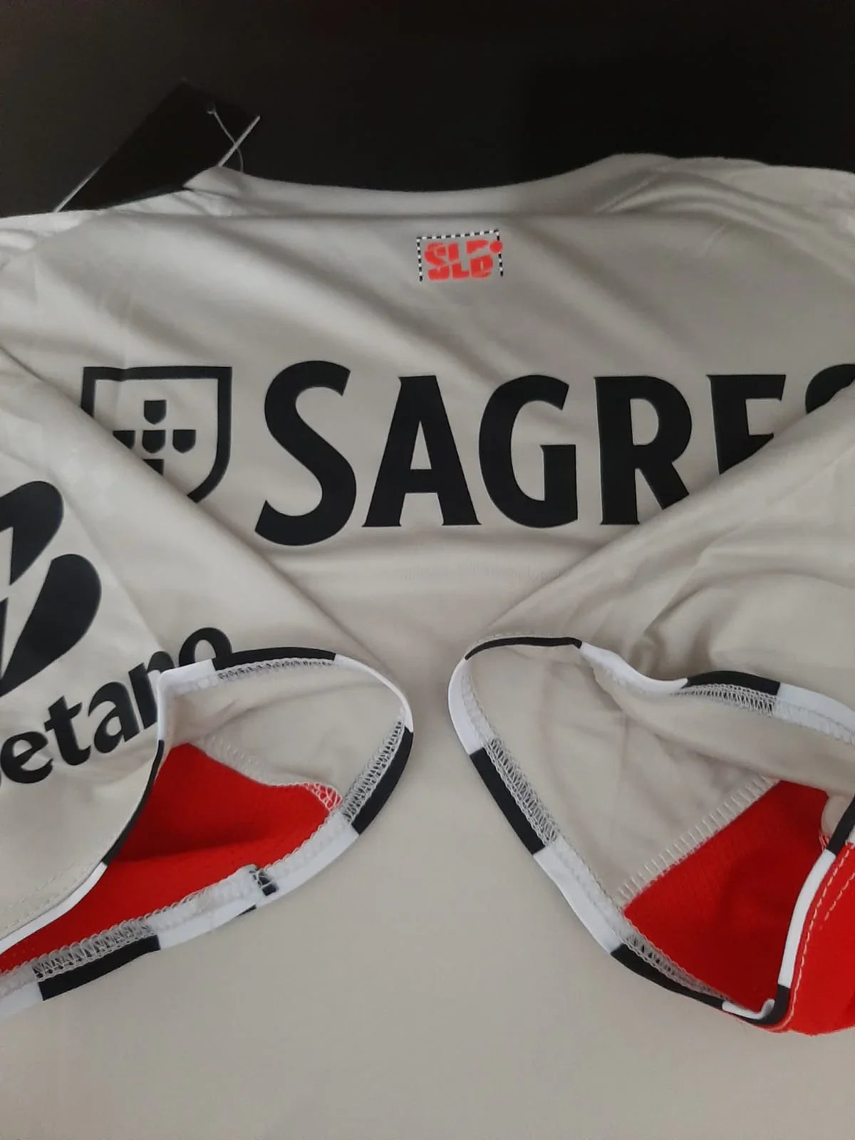 Detalhe das mangas da camisola SL alternativa bege Benfica 25/26  